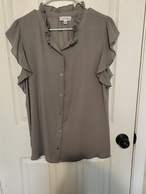 Calvin Klein Gray Ruffle Sleeve Button-Up Blouse